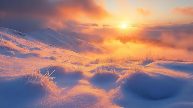 Photo winter hills at sunset with the sun casting a warm glow on the frosty landscape creating