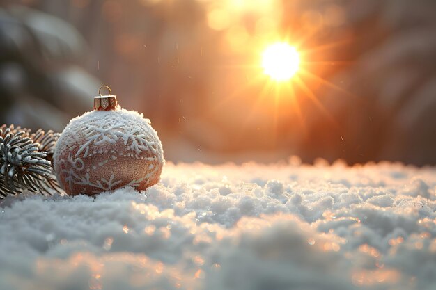 Photo winter holiday christmas ornament in snowy sunset scene for festive cards and designs