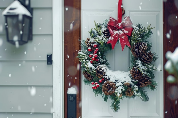 winter holiday decorated wreath on frosted entrance