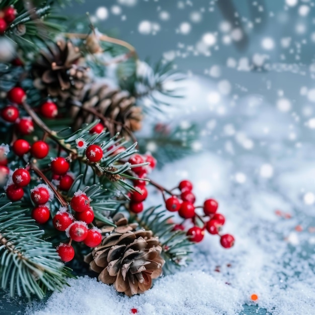 Winter holiday pine and berries with snow