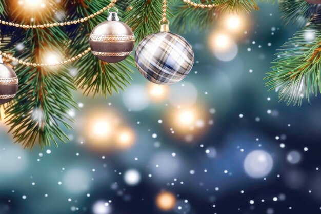 Winter Holiday Template with Christmas gold and blue balls on Christmas tree on blue background