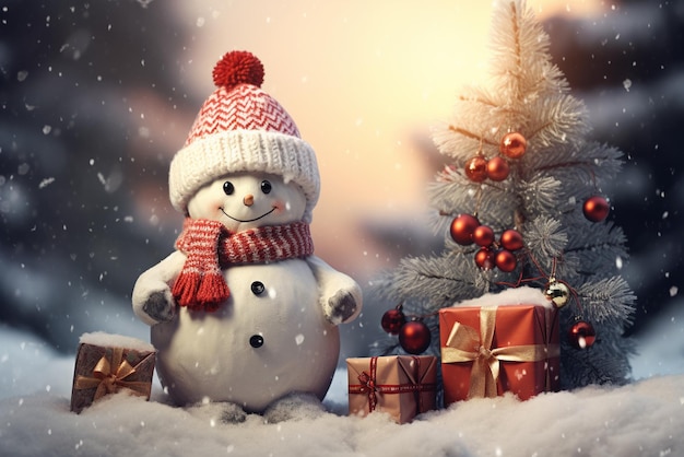 Winter holidays christmas tree and cute white bear in Santa hat with giftbox background AI