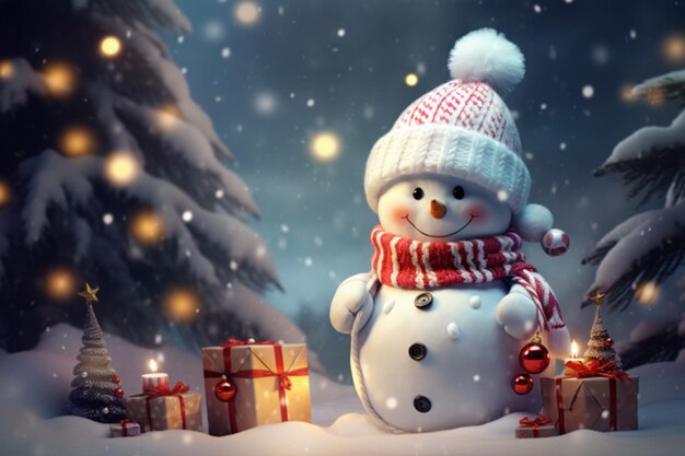 Winter holidays christmas tree and cute white bear in Santa hat with giftbox background AI