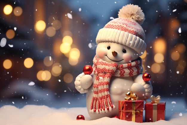 Winter holidays christmas tree and cute white bear in Santa hat with giftbox background AI