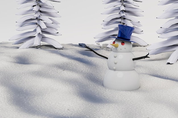 Winter holidays concept fir tree and snowman in snowdrifts 3d render