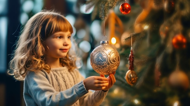 Winter holidays Cute small girl hangs a New Year's ball on Christmas tree on blurred interior