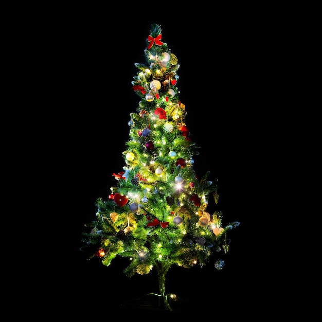 winter, holidays, decoration and illumination concept - beautiful decorated and illuminated christmas tree over black background