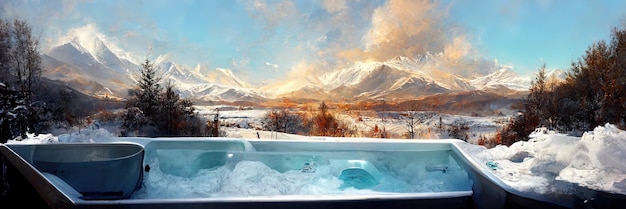 Winter holidays, hot bath outdoors. Digital Illustration