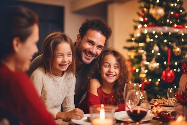 Winter holidays and people concept happy family at the table celebrating christmas and new year Home holiday Blurred background Selective focus