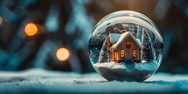 Winter House Miniature Inside Glass Globe on Dark Background Symbolizing Real Estate Concepts Concept Real Estate Symbolism Miniature House Winter Theme Glass Globe Dark Background