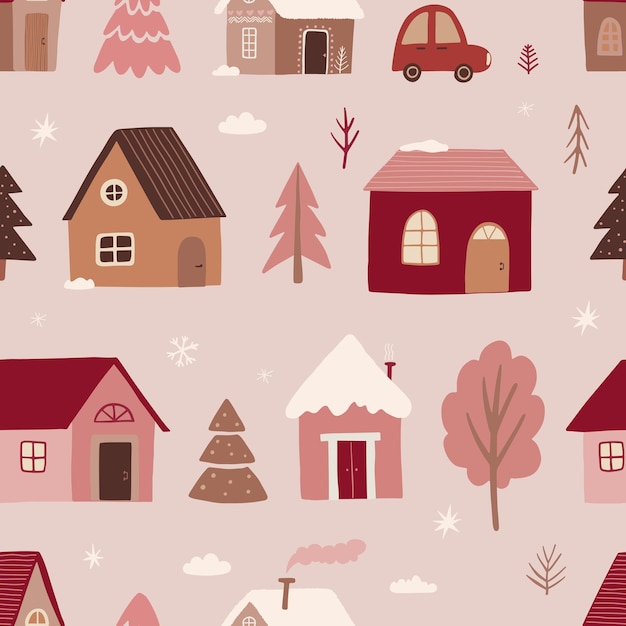 Winter houses for Christmas and retro car with a fir tree Christmas fabrics and decor