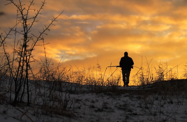 Winter hunting at sunrise. Hunter moving With Shotgun and Looking For Prey.