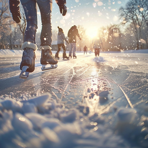 Winter Ice Skating Group of People Skateboarding on Snowy Road