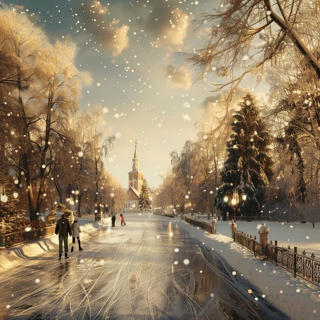 Winter Ice Skating Painting Snowy Street Scene