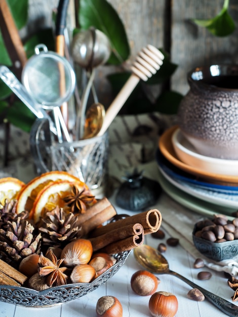 Winter ingredients in a bowl, empty cookware, Rustic style