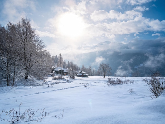 Winter in the italian Alps Beautiful view of idyllic village in snowy forest and snowcapped mountain peaks Piedmont Italy