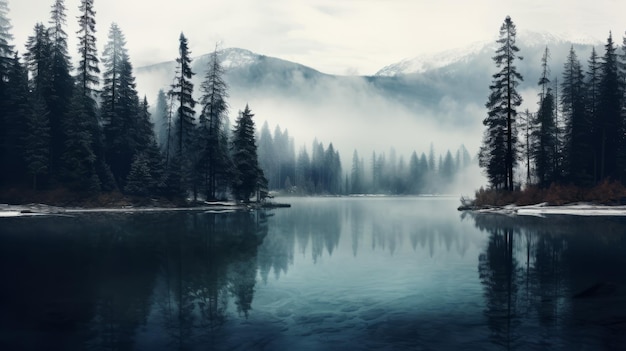 Winter Lake And Forest Mountains Moody And Tranquil Wallpaper