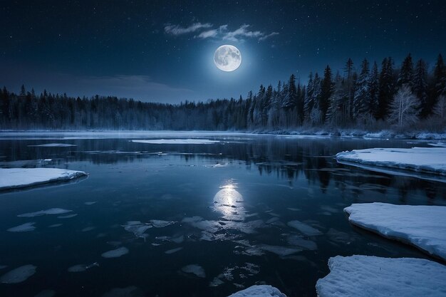 Winter lake at night with frozen water and a full moon in the sky