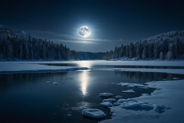 Winter lake at night with frozen water and a full moon in the sky