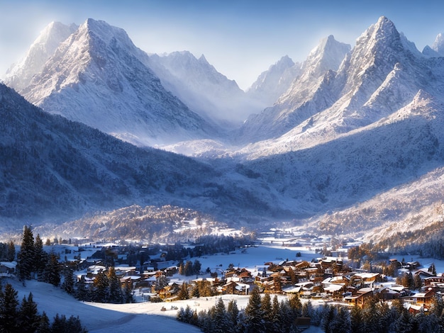 The winter landscape adds a touch of mystery to the beautiful mountains.