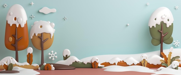 Winter landscape background with snow, trees cartoon style