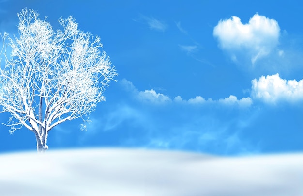 winter landscape blue sky trees covered by snow ,white clouds in heart symbol ,snowflakes