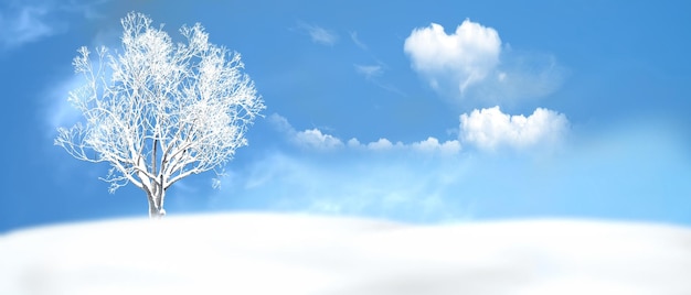 winter landscape blue sky trees covered by snow ,white clouds in heart symbol ,snowflakes