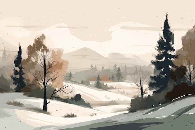 A winter landscape of calm mountain and hills depicted in a minimalist illustration Soft colors