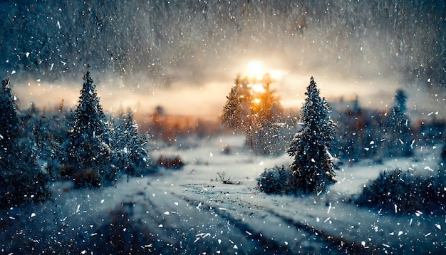 Winter landscape Christmas trees in the snow Snowfall in nature winter nature winter forest 3D illustration