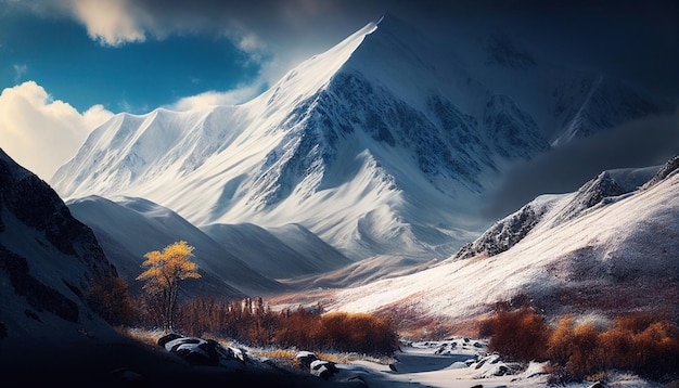 Winter landscape created by imagination in the format of graphics. A scene of snowy mountains. Generative AI