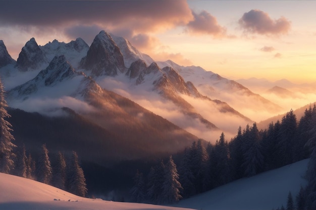 Winter landscape in the Dolomites Sunrise over the mountains