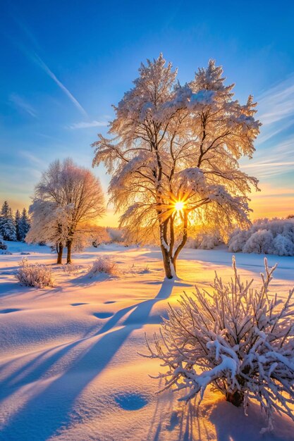 Winter landscape in the evening at sunset Snow frost in january Winter nature background Trees in sunlight Beautiful scenery winter