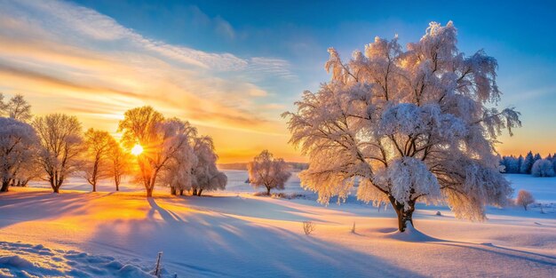 Winter landscape in the evening at sunset Snow frost in january Winter nature background Trees in sunlight Beautiful scenery winter