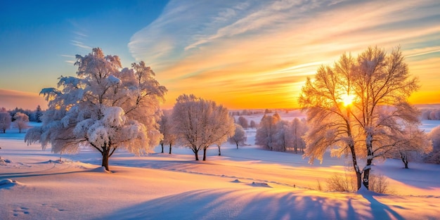 Winter landscape in the evening at sunset Snow frost in january Winter nature background Trees in sunlight Beautiful scenery winter