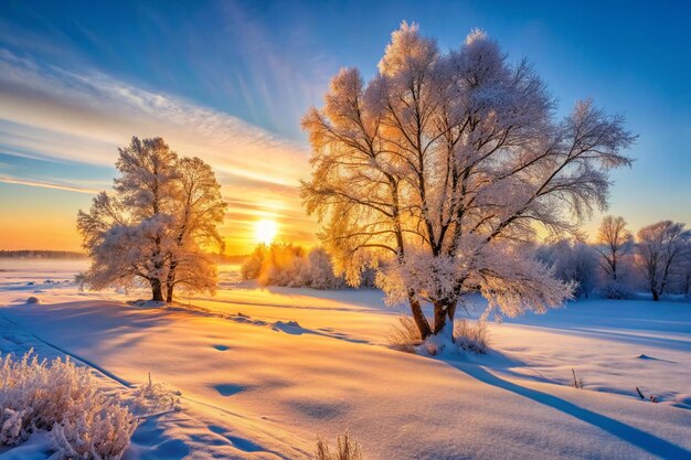 Winter landscape in the evening at sunset Snow frost in january Winter nature background Trees in sunlight Beautiful scenery winter