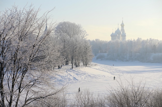 Winter landscape. Fairy-tale beauty of snow-covered streets. Snowfall and cooling in tourist areas.