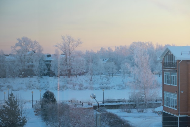 Winter landscape Fairytale beauty of snowcovered streets Snowfall and cooling in tourist areas