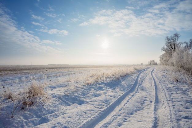 Winter landscape field with road and sun over horizon