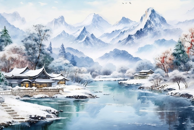 A winter landscape from ancient China watercolor