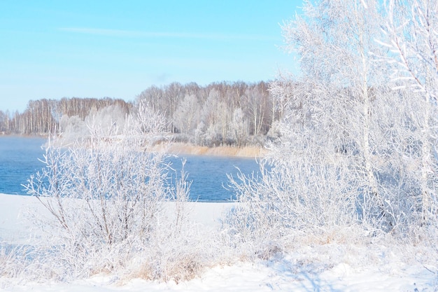 Winter landscape frozen lake, snowy forest and beautiful cloudy sky.