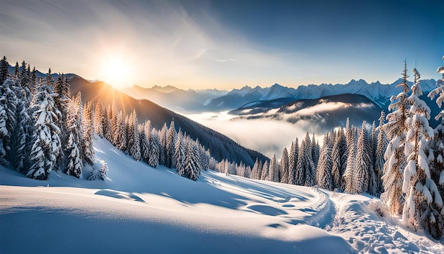 Winter landscape mountains and forest panoramic