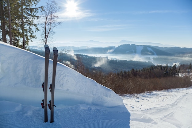 Winter landscape in mountains skiing resort of Bukovel