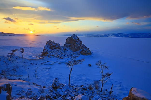 winter landscape nature lake baikal shamanka rock olkhon island