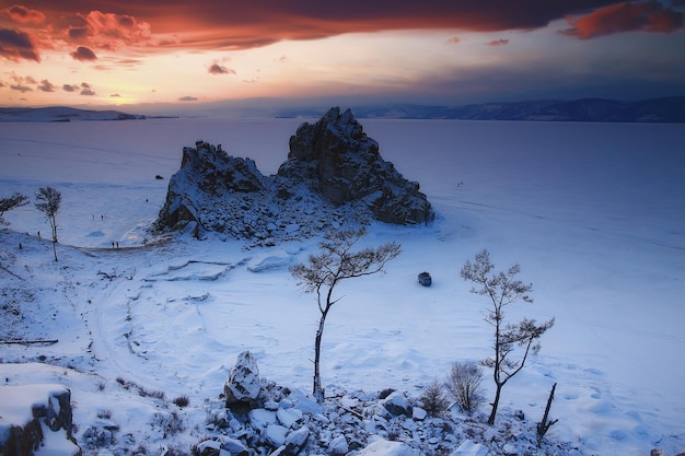 winter landscape nature lake baikal shamanka rock olkhon island