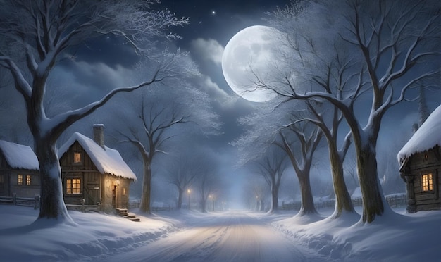 winter landscape night sky road going far away roadside cottage