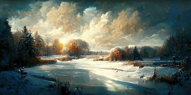 Winter landscape painting background. Winter Landcaping. Digital illustration. Painting