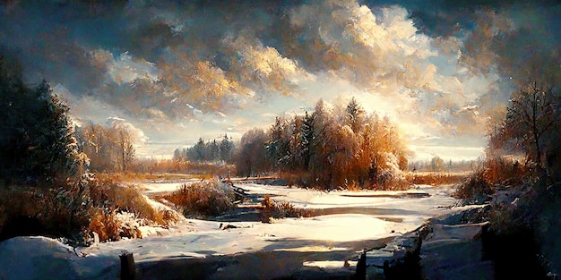 Winter landscape painting background. Winter Landcaping. Digital illustration. Painting