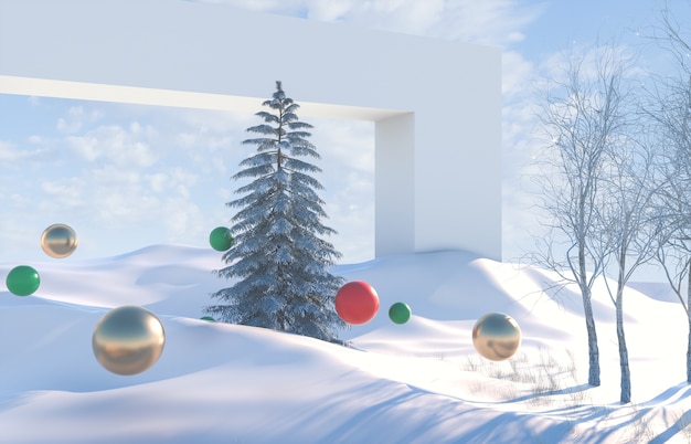 Winter landscape scene with geometric balls