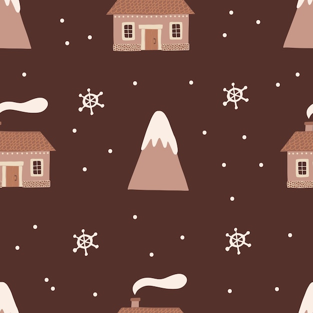 Winter landscape seamless pattern Christmas holidays design with little wooden house mountain