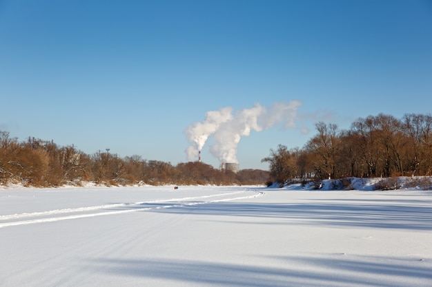 Winter landscape of snow-covered river